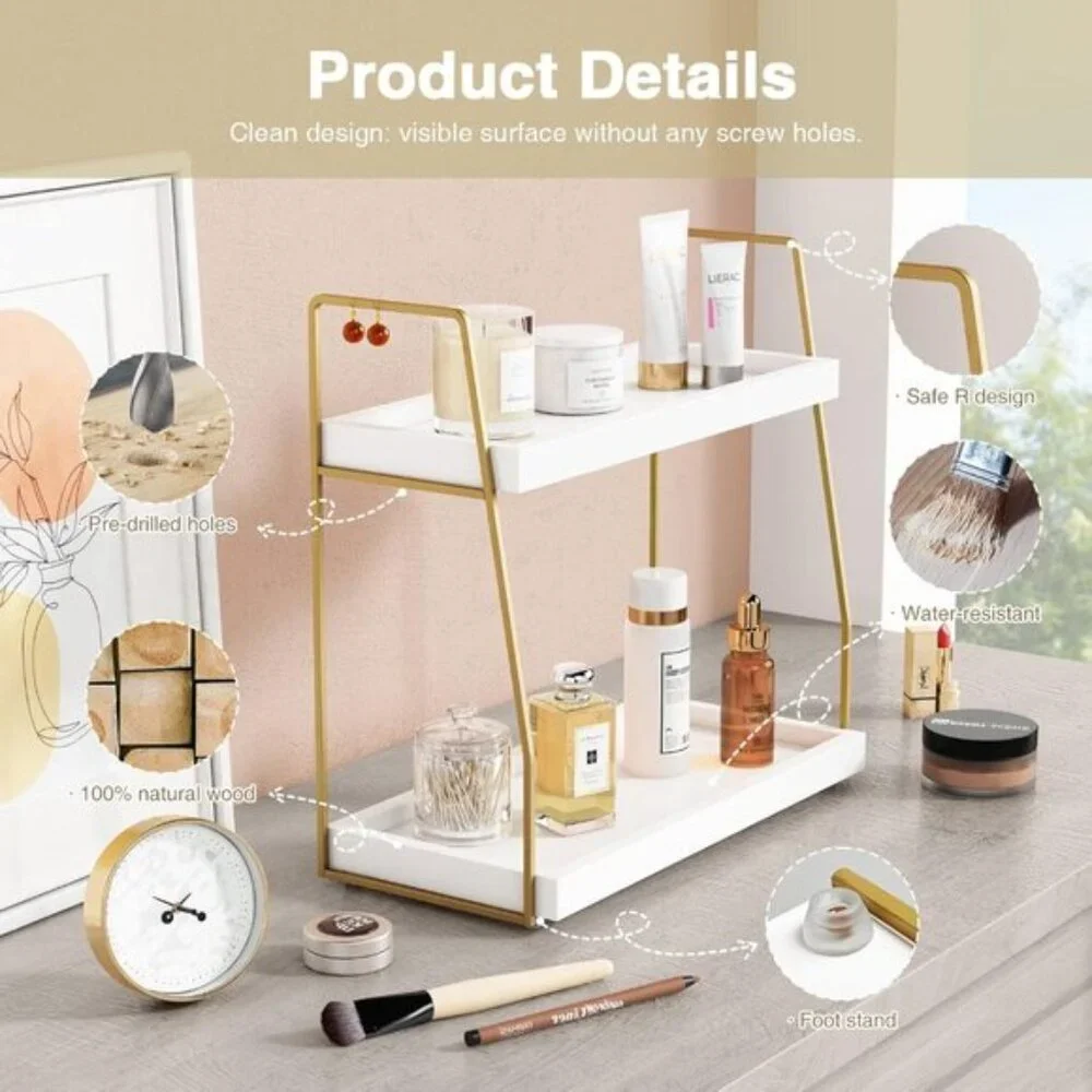 2-Tier Bathroom Organizer, White & Gold Wooden Sink Shelf for Vanity & Storage